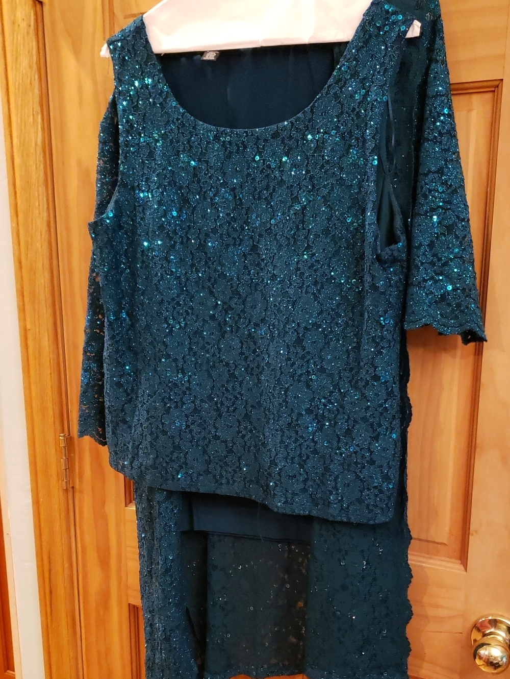R & M Richards Teal Sequin Lace Pants Set